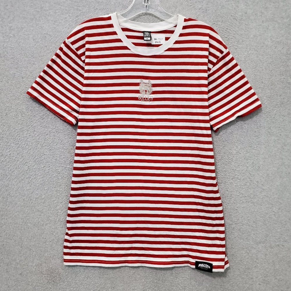 Bullies Women T-Shirt Medium Red Striped Logo Graphic Embroidered Crew Neck Tee‎